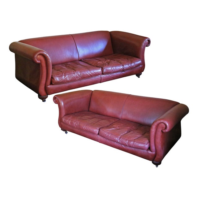 Large Vintage Derwent Leather Scroll-Arm Sofas, 2000, Set of 2 For Sale