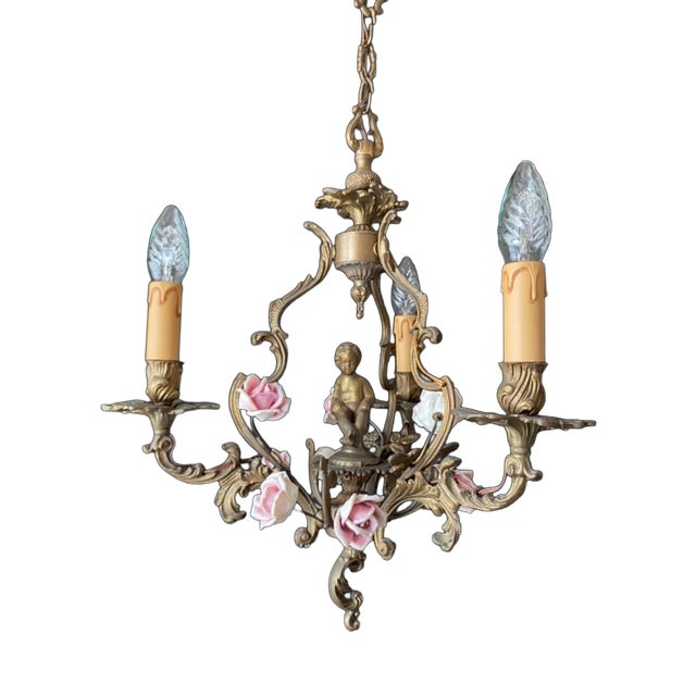 Vintage Chandelier with Porcelain Roses, 1960s For Sale
