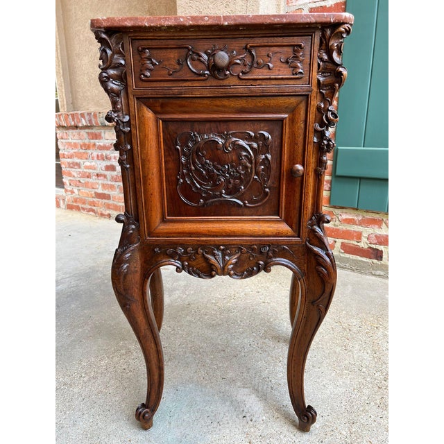 Rococo Antique French Nightstand Cabinet Marble Top Louis XV Carved Walnut C1890 For Sale - Image 3 of 18