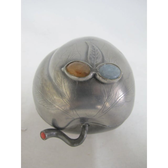 Antique Chinese Inlaid Gemstone Pewter Fruit Peach Form Altar or Trinket Box For Sale In Portland, OR - Image 6 of 9