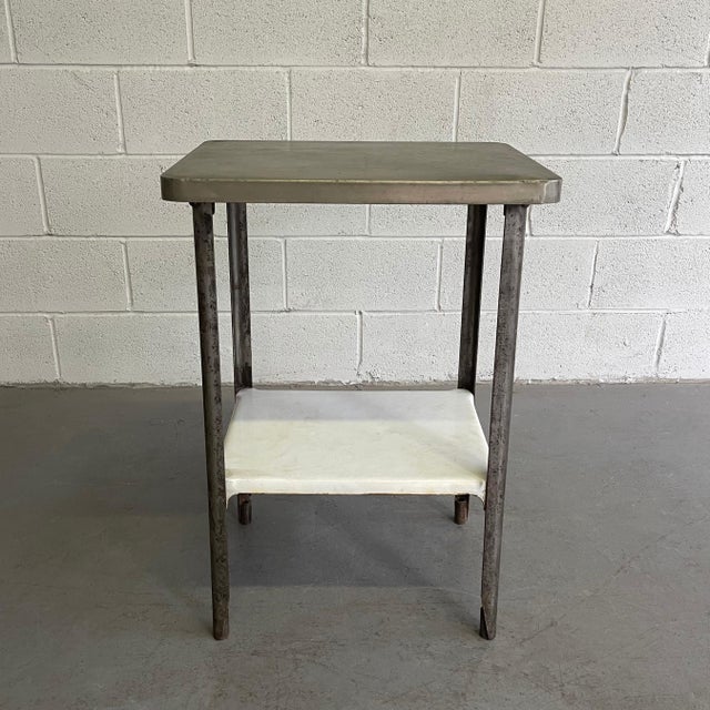 Antique, industrial, zinc covered, cast iron, apothecary prep table features an enameled cast iron lower shelf at 11...