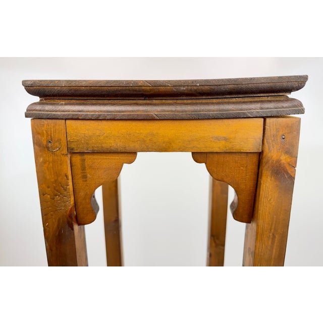 Vintage Rustic Wood Tall Plant Stand With Scalloped Brackets For Sale - Image 9 of 12