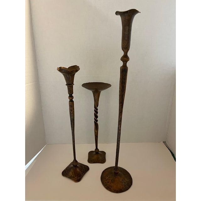 Rustic Hand Forged Copper Candle Holders From Hessel Studios For Sale - Image 3 of 12
