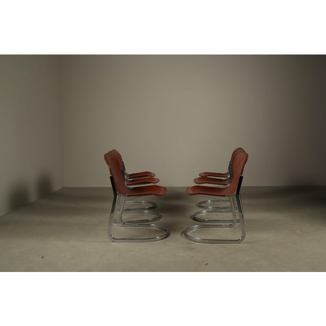 Animal Skin Leather Brick Red-Colored Cantilever Dining Chairs, Italy, 1970s, Set of 6 For Sale - Image 7 of 16
