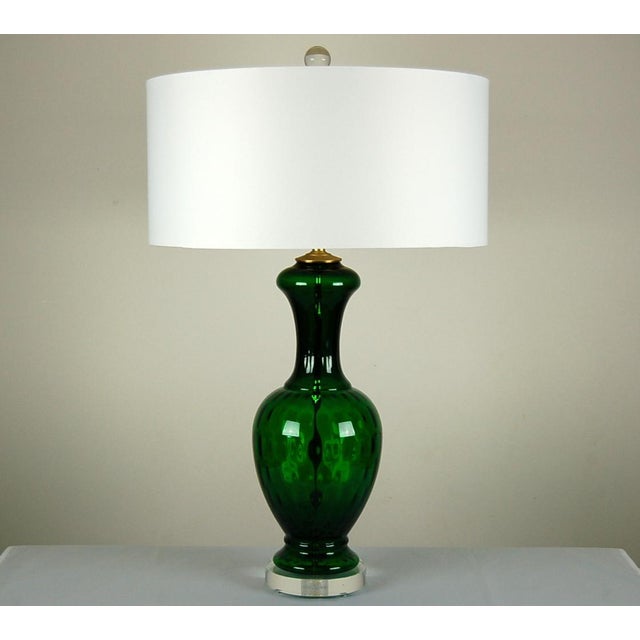 Vibrant GREEN vintage Murano lamps with a visual surprise. Though smooth to the touch, these lamps look multifaceted,...