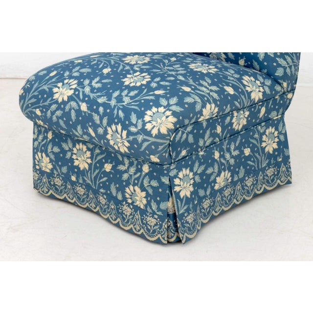 Textile Blue Floral Print Upholstered Chair & Ottoman For Sale - Image 7 of 12