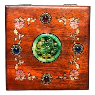 Vintage Rosewood Jewelry Box With Mother of Pearl & Jade Inlay | Chinoiserie Trinket Box For Sale
