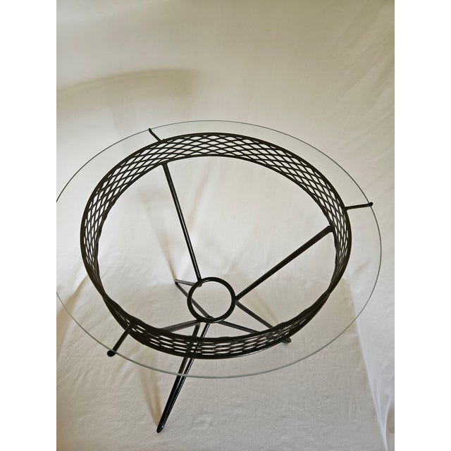 Mid-Century Modern 1950s MCM Atomic Tripod Wrought Iron Glass Top Side Table For Sale - Image 3 of 4