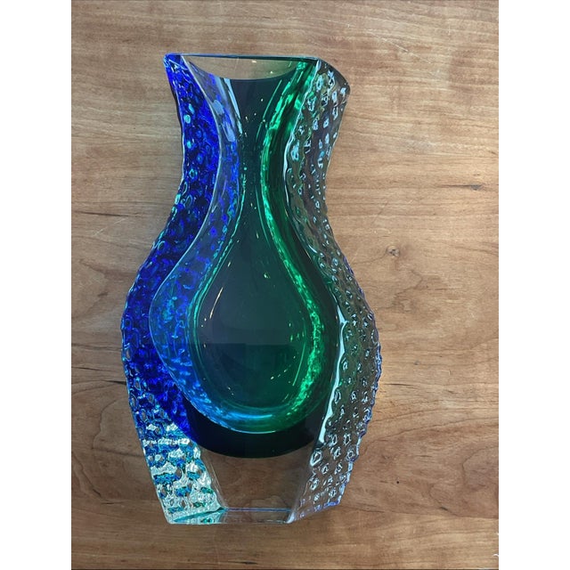 Blue Vintage Murano Sommerso Art Glass Vase 9.5" 6.8lb Blue Green Faceted For Sale - Image 8 of 8