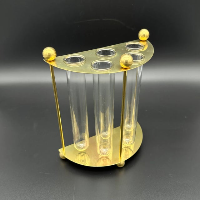 Vintage Brass Semi Circle Flower Vase Arranger With 5 Glass Vials For Sale - Image 4 of 5