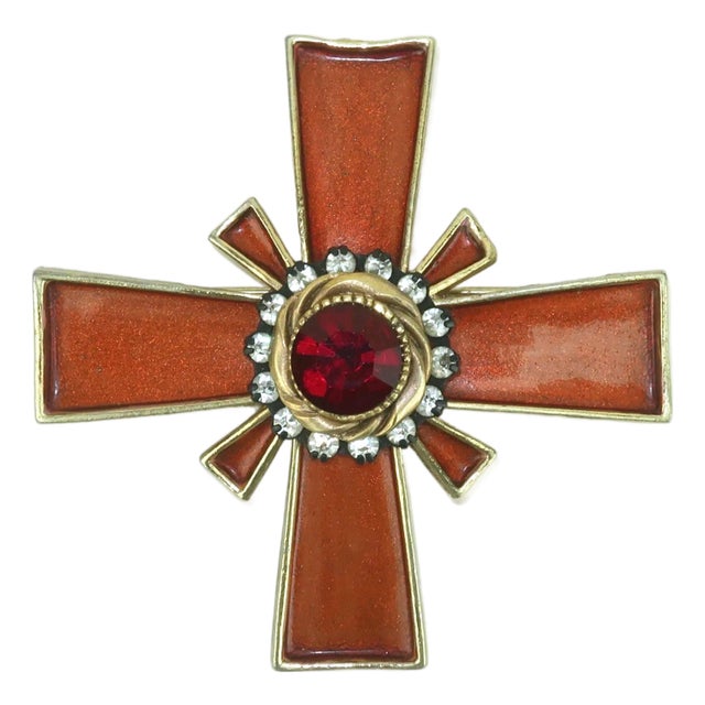 Hargo Creations Maltese Cross Enamel & Crystal Rhinestone Brooch, 1960's For Sale
