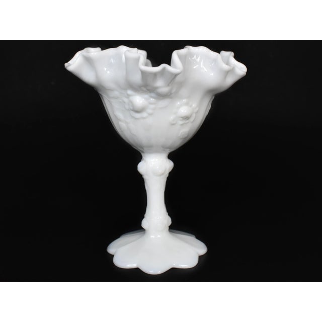 Stunning vintage small pedestal bowl comport compot ruffled rose design milk glass by Fenton . It is a perfect piece to...