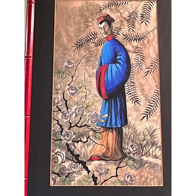 Vintage Mid Century Chinoiserie Pair Framed Prints D. Voaguest Red Faux Bamboo 24" For Sale - Image 9 of 12