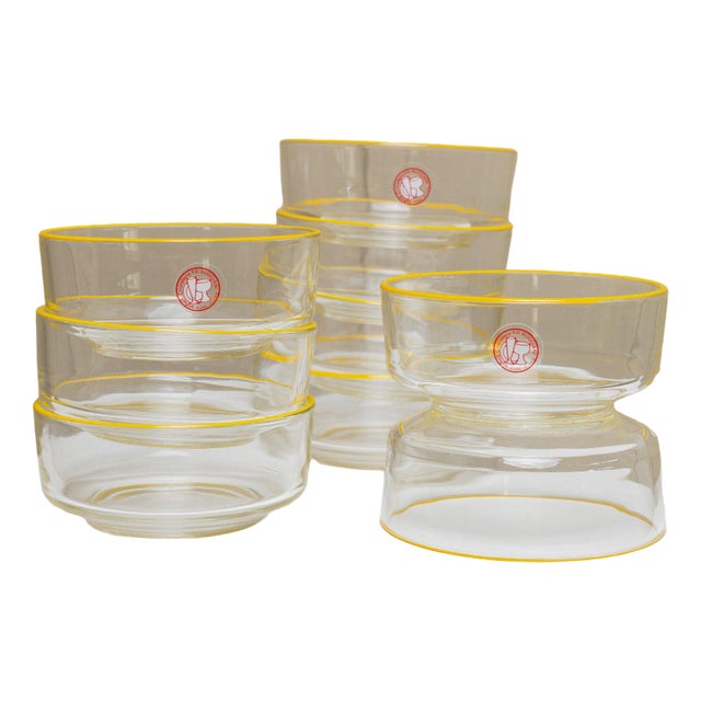 Vintage Empoli Glass Bowls in Clear Glass with Yellow Rim from Fratelli Buggiani,1980s, Set of 9 For Sale
