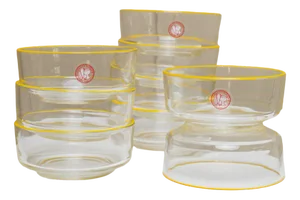 Vintage Empoli Glass Bowls in Clear Glass with Yellow Rim from Fratelli Buggiani,1980s, Set of 9