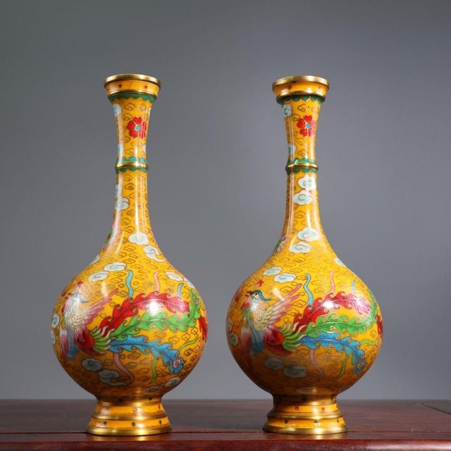 Late 19th Century Late 19th Century Pair of Yellow Cloisonné Enamel Dragon and Phoenix Vases For Sale - Image 5 of 9