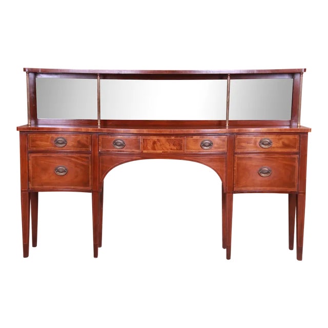 Baker Furniture Federal Mahogany Bow Front Sideboard Credenza With Mirrored Backsplash, Circa 1940s For Sale