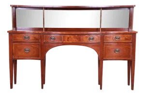 Baker Furniture Federal Mahogany Bow Front Sideboard Credenza With Mirrored Backsplash, Circa 1940s