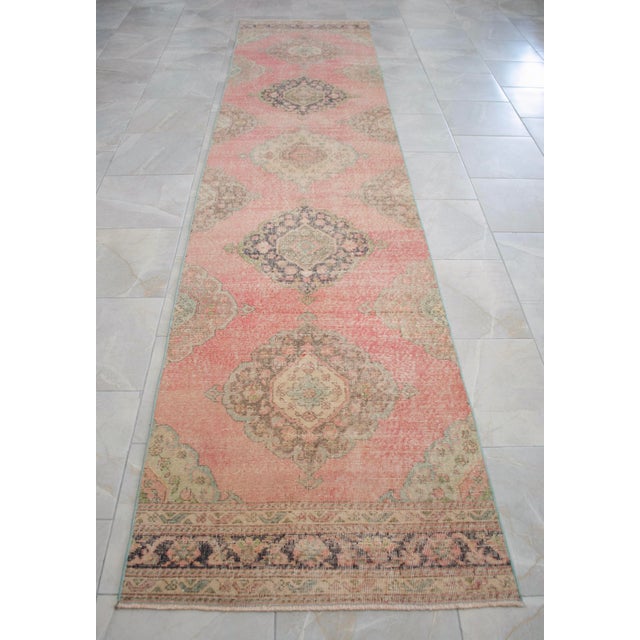 Long Turkish Hallway Runner 3x13, Muted Pink and Green Oushak Rug, Hand Knotted Vintage Runner, Mid-Century Entryway Rug For Sale - Image 10 of 15