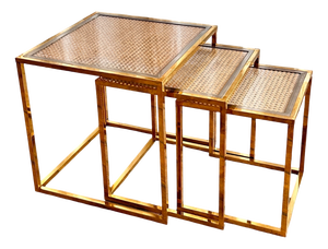 Mid-Century Modern Brass Nesting Tables with Glass and Bamboo Tops, 1970s, Set of 3