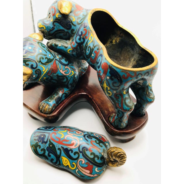 Blue Mid 19th Century Playful Cloisonne Puppies on a Wood Stand From the Qing Dynasty For Sale - Image 8 of 12