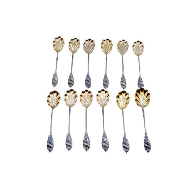 Silver Coffee Spoons with Golden Shell and Floral Handle Reliefs, Set of 12 For Sale - Image 3 of 3