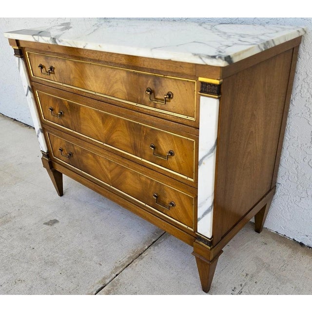 French Mid Century Louis XVI Maison Jansen Style Marble Top Commode Dresser Sideboard For Sale - Image 3 of 15