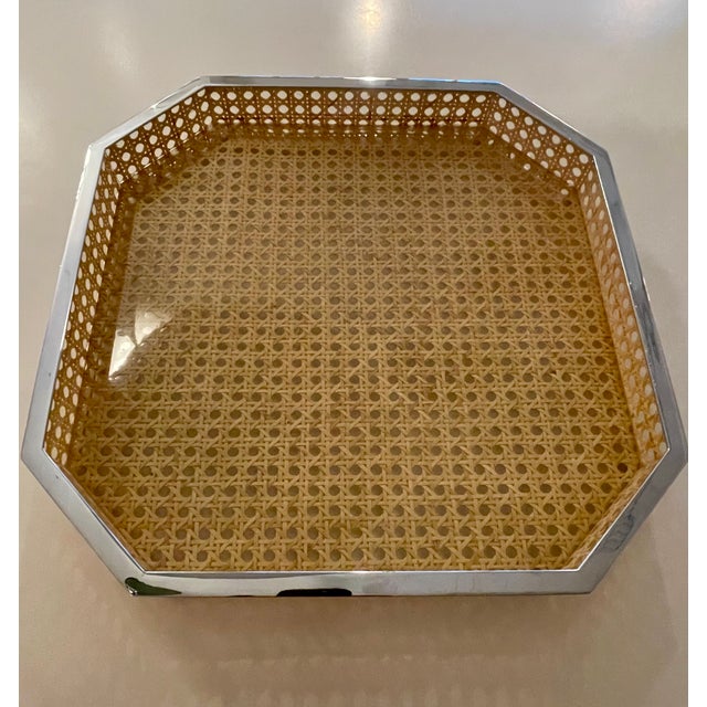 Very rare octagonal tray in acrylic glass, Viennese cane and nickel. Well-maintained condition with minor signs of wear....