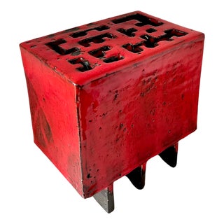 Asian Style Red Ceramic Flower Vase with Floral Insert Holes, 1970s For Sale