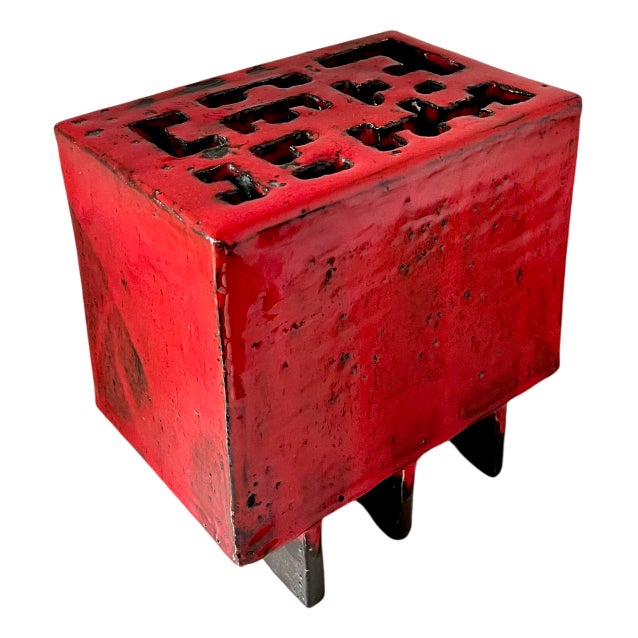 Asian Style Red Ceramic Flower Vase with Floral Insert Holes, 1970s For Sale