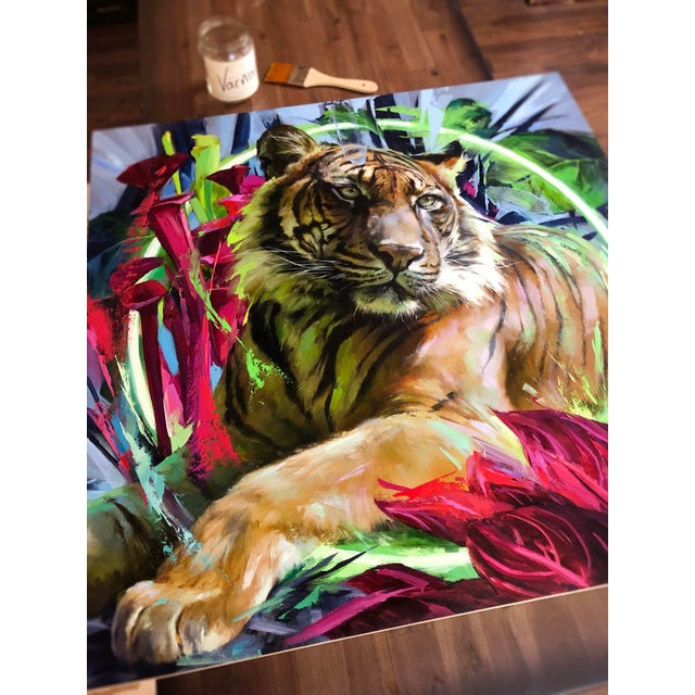 Contemporary The Sumatran Tiger by Lindsey Kustusch | Oil on wood panel of a tiger among vibrant flowers For Sale - Image 3 of 5