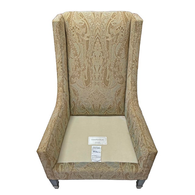 Late 20th Century Kravet Wingback Tall Chair Upholstered Beige Paisley Jacquard Navarre For Sale In Philadelphia - Image 6 of 10
