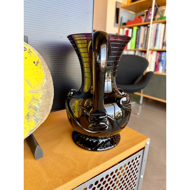 Vintage Liberty Craftworks Black Amethyst Glass Lily Pad Pitcher Garrett Vilicich Signed For Sale - Image 10 of 14