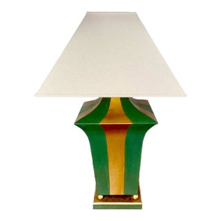 Mid 20th Century Currey & Company Green and Gold Tole Table Lamp With Shade For Sale