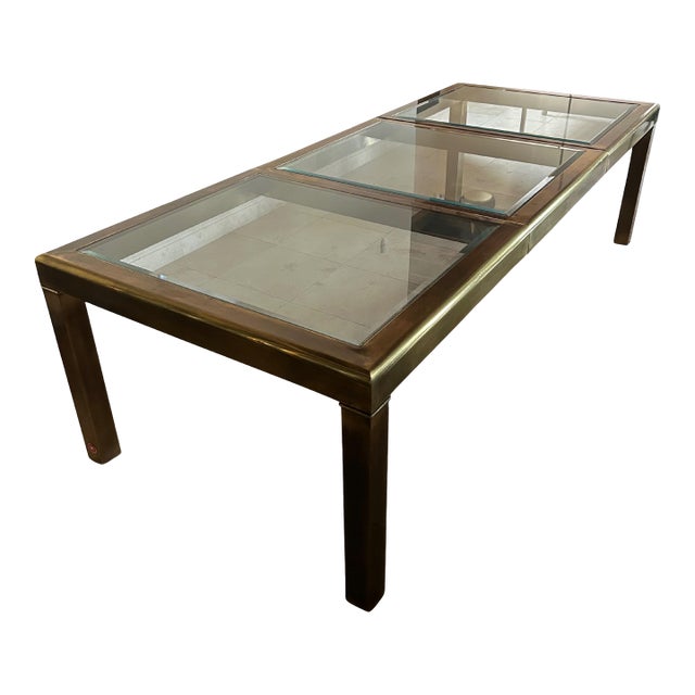 1970s Attributed to Mastercraft Brass and Glass Extension Dining Table With 8 Mastercraft Chairs For Sale