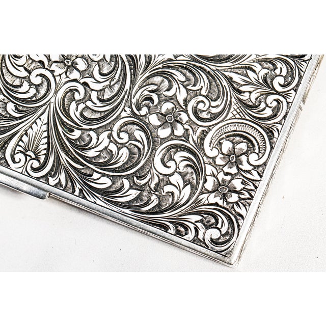 Exceptional Luxury Italian Hand Engraved Ornate Antique Cigarette Case Holder 800 Silver 18k Gold Inlay Tobacciana Collectible For Sale - Image 14 of 17