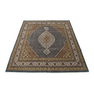 Tabriz Mahi Rug 9′ X 9’1” Blue Wool Traditional Hand-Knotted Oriental Carpet For Sale