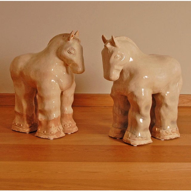 Tall Vintage Ceramic Horse Sculptures in Glazed Terracotta, Set of 2 For Sale - Image 11 of 14