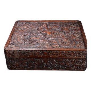Late 20th Century Carved Hardwood Box With Double Dragon Motif and Sliding Lid For Sale