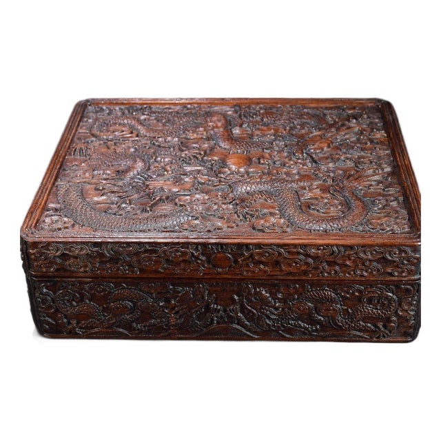 Late 20th Century Carved Hardwood Box With Double Dragon Motif and Sliding Lid For Sale