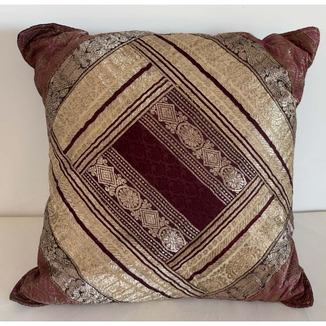 Gold One-of-a-Kind Indian Silk Sari Brocade Pillow, Zari Embroidery, 1980 For Sale - Image 8 of 15