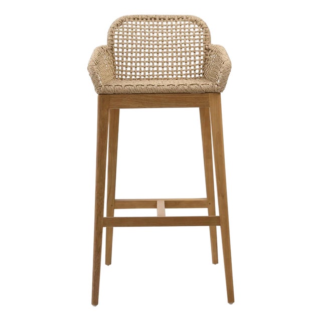 Coastal Contemporary Outdoor Faux Rope & Teak Bar Stool For Sale