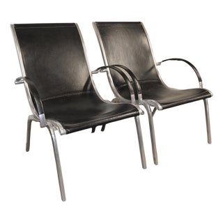 Mid-Century Modern Leather and Aluminium Lounge Chairs by Rudolf Szedleczky, 1970s, Set of 2 For Sale