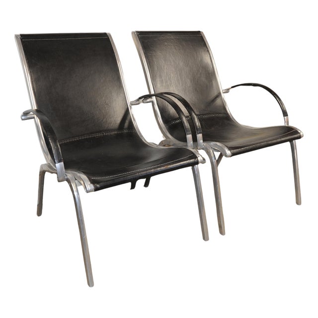 Mid-Century Modern Leather and Aluminium Lounge Chairs by Rudolf Szedleczky, 1970s, Set of 2 For Sale