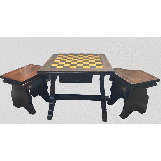 Beautiful chess set consisting of a table and two matching stools. The stools have a folding backrest with a beautiful...