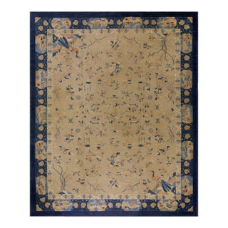 1920s Camel Floral Geometric Antique Chinese Peking Carpet 8'2" X 9'9" Handknotted Wool Rug For Sale