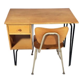 Vintage Original Mid-Century Modern Wood & Metal Hairpin Legged Childs Desk W/Drawer & Cubby & Vintage MCM Plywood & Metal Frame Chair For Sale