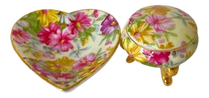Vintage 1970s NikoNiko Japanese Gilded Floral Hand-Painted Pillbox & Heart Ring Holder - 2 Pieces