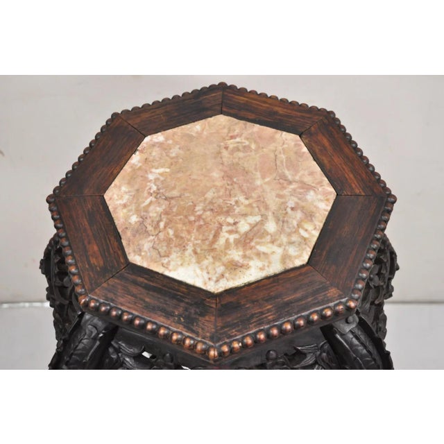 Chinoiserie Antique Chinese Carved Hardwood Marble Top Plant Stand Side Table For Sale - Image 3 of 12