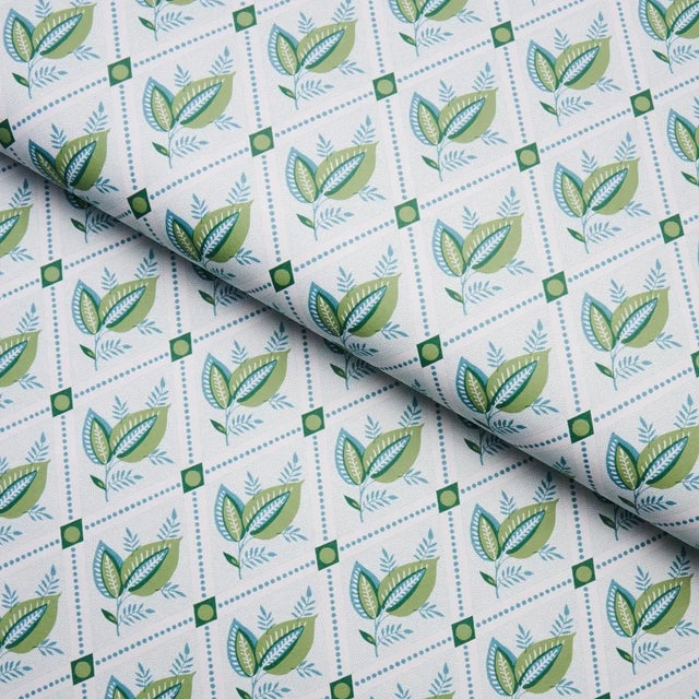 Schumacher Sample - Schumacher Basile Trellis Wallpaper in Leaf & Aqua For Sale - Image 4 of 5